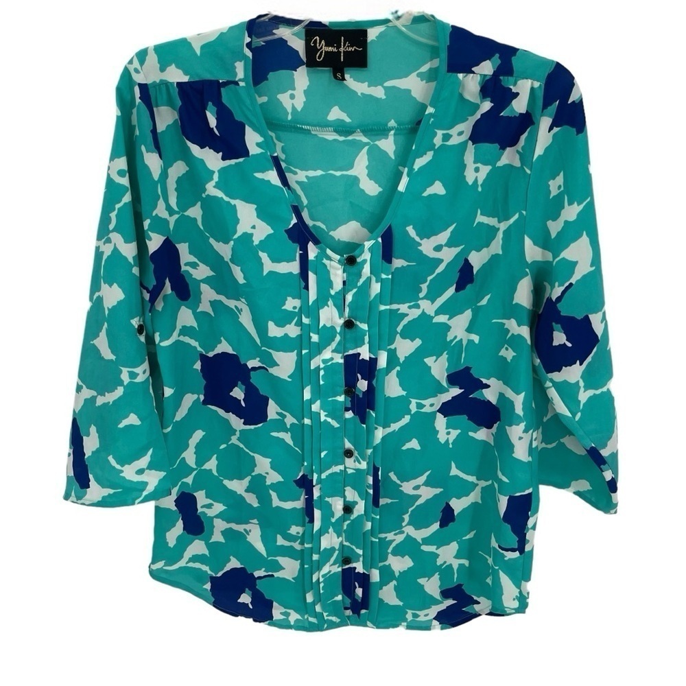 Yumi Kim Women Lizzie Blouse Top 3/4 Sleeve Green/Blue/White Size Small V Neck